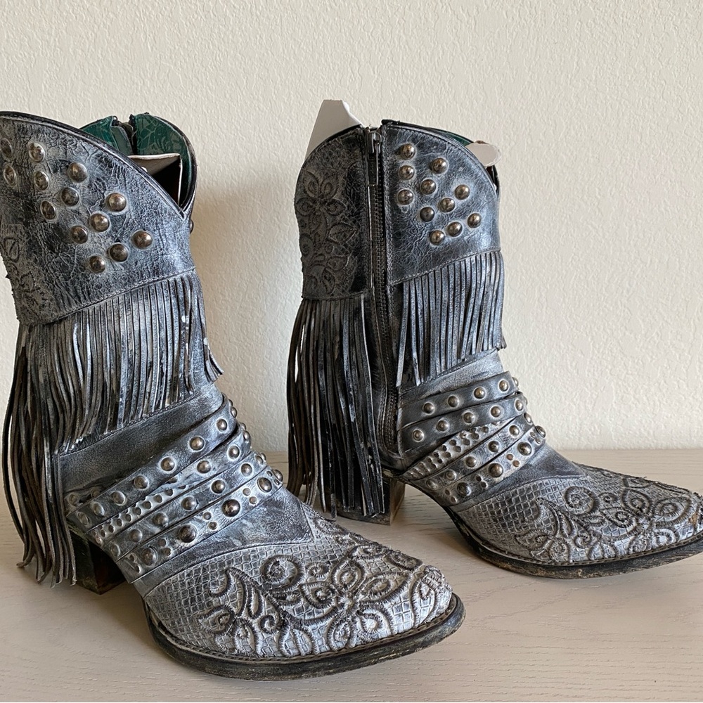 Corral Gray Ankle Booties with Fringe and Embroidery